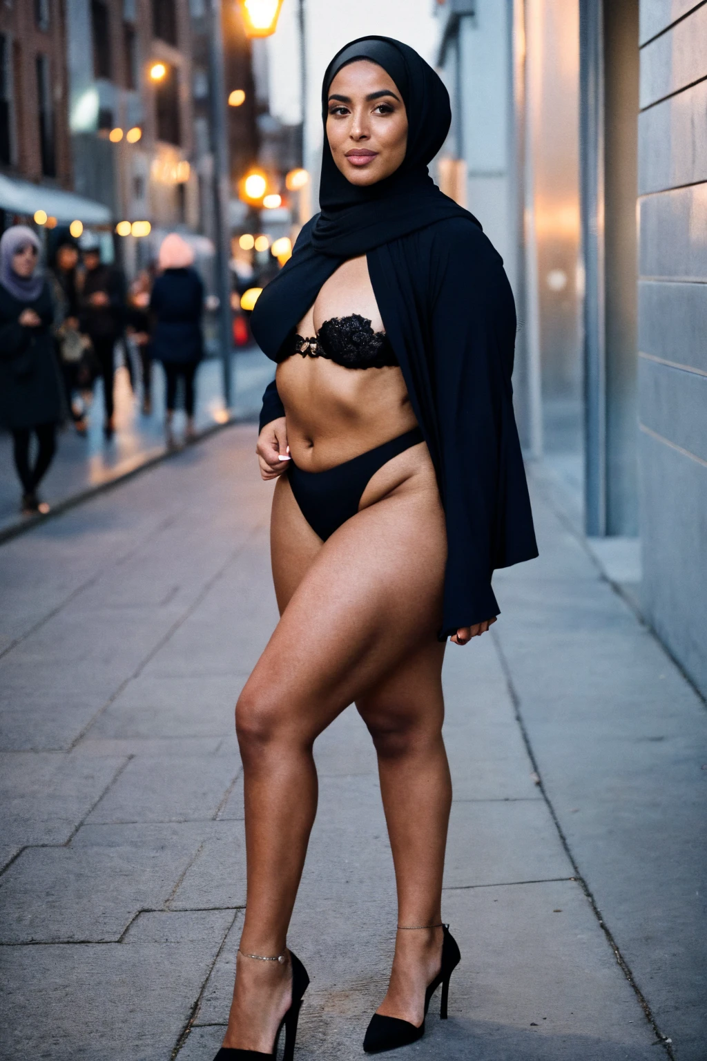 RAW photo,candid photograph, full body,photo of a beautiful,influencer,30yo Moroccan woman,black hijab, detailed skin, , looking at viewer, thick body structure,standing in the streets of Rotterdam at dusk,flash photo, candid pose,blue light, film grain, kodak color, instagram LUT