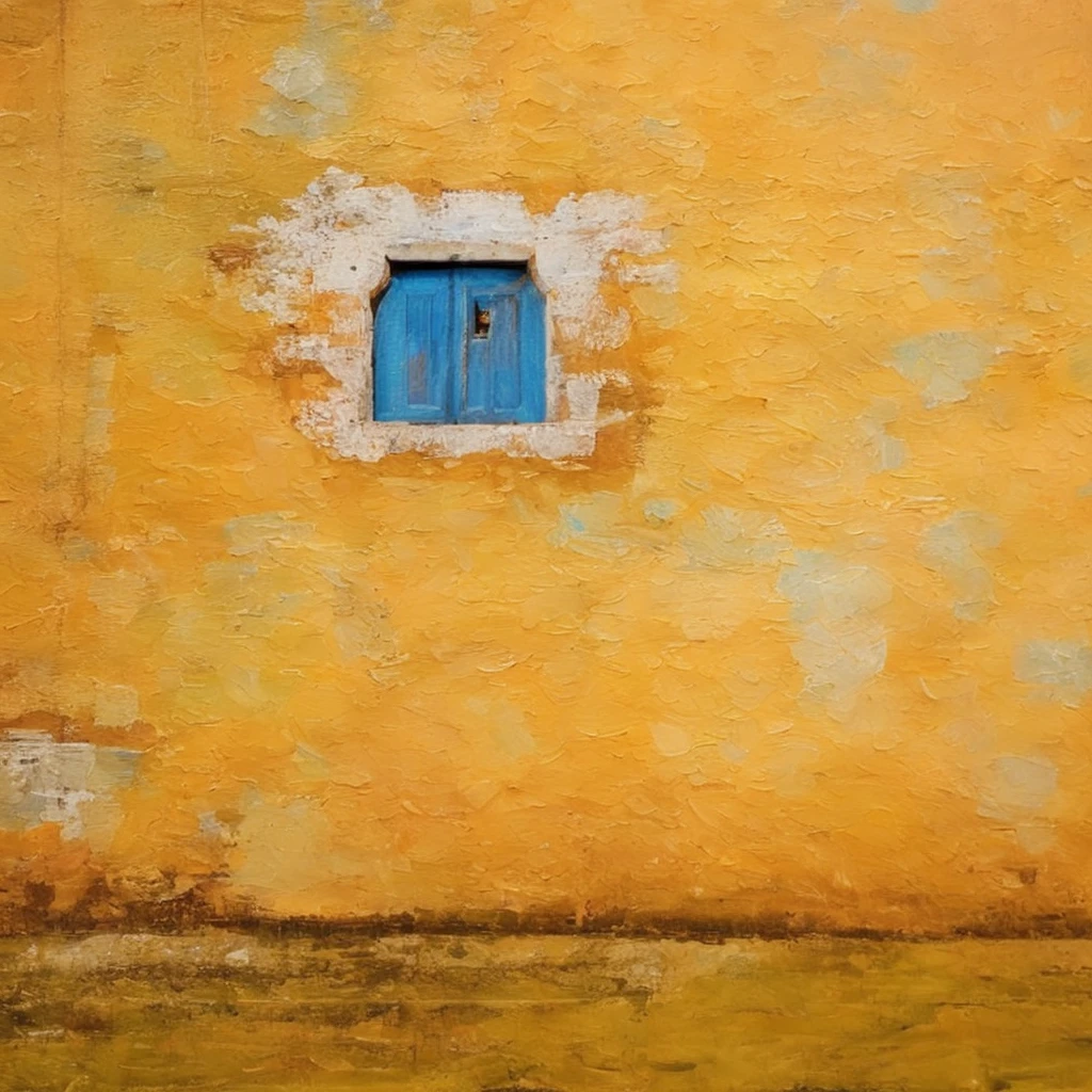 masterpiece, ultra detailed, beautiful, distinct, best aesthetic, super fine illustration, weathered wall texture, small window, blue shutters, peeling orange paint, rustic charm, warm golden tones, subtle shadow, #drawing style: Mixed Media #painting method: Impasto, pointier painting method, pointillism technique, repoussoir, Sfumato, Detailing oil pastel art, impressionism, Van Gogh style, Detailing digital painting
