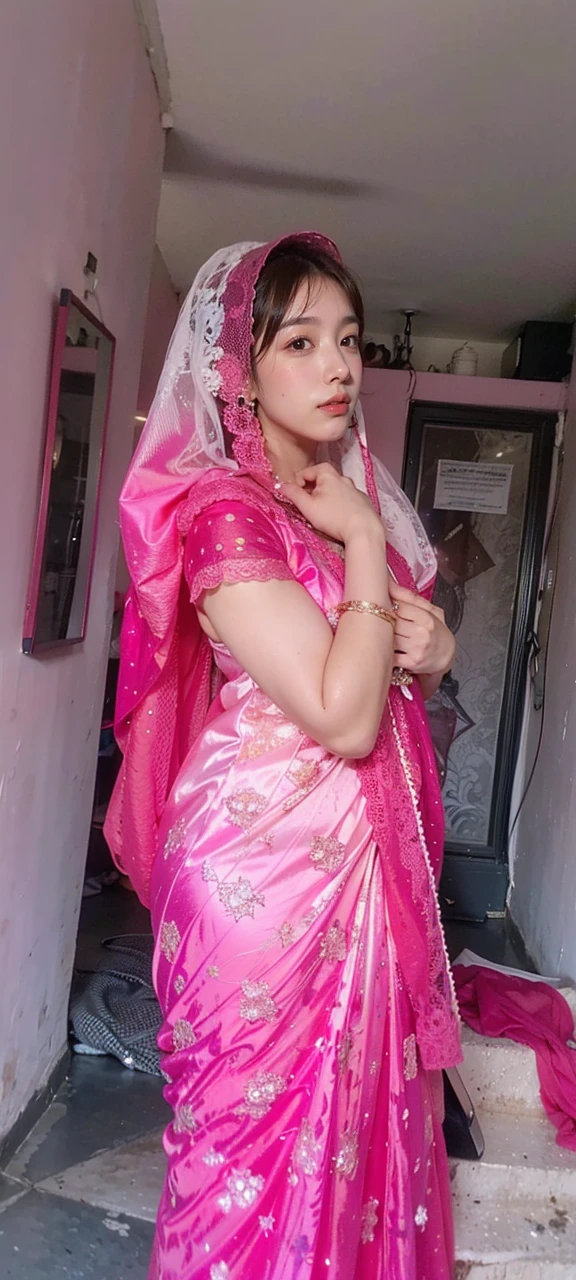 masterpiece, (front pin), Surrealist female portrait, fantasy art, realism, dynamic lighting, art station, poster, volume lighting, highly detailed face, black and fluffy eyes, Shining eyes,4k, award-winning, 1 girl, modest,full body shot, (Formal attire: 1.4,white lace dress), street light, dark brown hair,