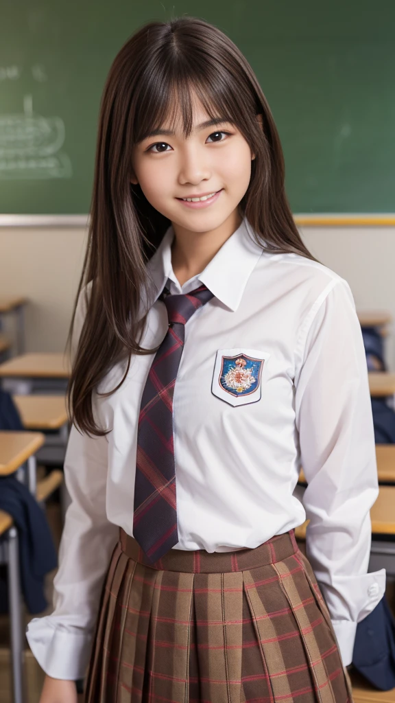 (Highest quality,masterpiece:1.3,Ultra-high resolution),(Very detailed,Caustics,8K),(Realistic:1.4,RAW shooting),Girl in high school uniform,Japanese,boyish,smile,18-year-old,Brown long haircut,Looking into the camera,School classroom,I'm sitting on a chair and studying、Waist up shot,front,Face Focus,Face close-up,(Warm Light),Professional Writing