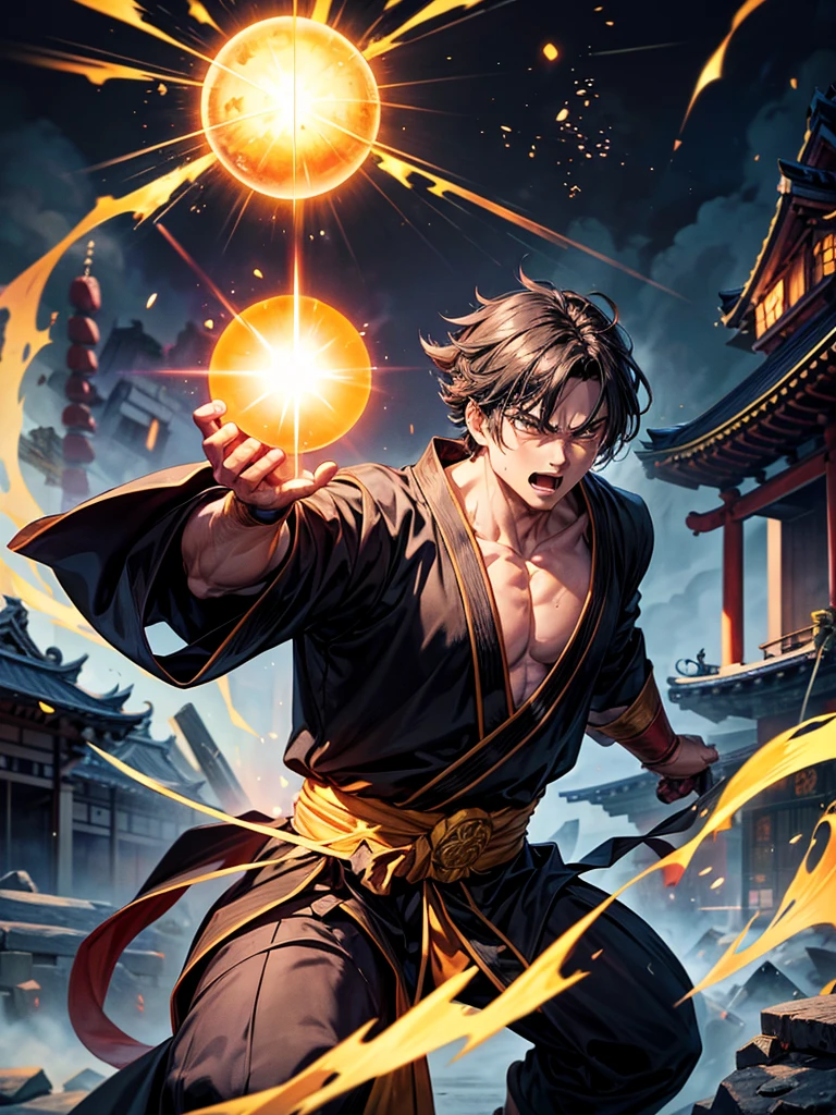 Highest quality,Highest Resolution,An old monk in a black robe shoots a Kamehameha-like beam from his hand and destroys buildings.,Japanese Temples,Destroying a building,