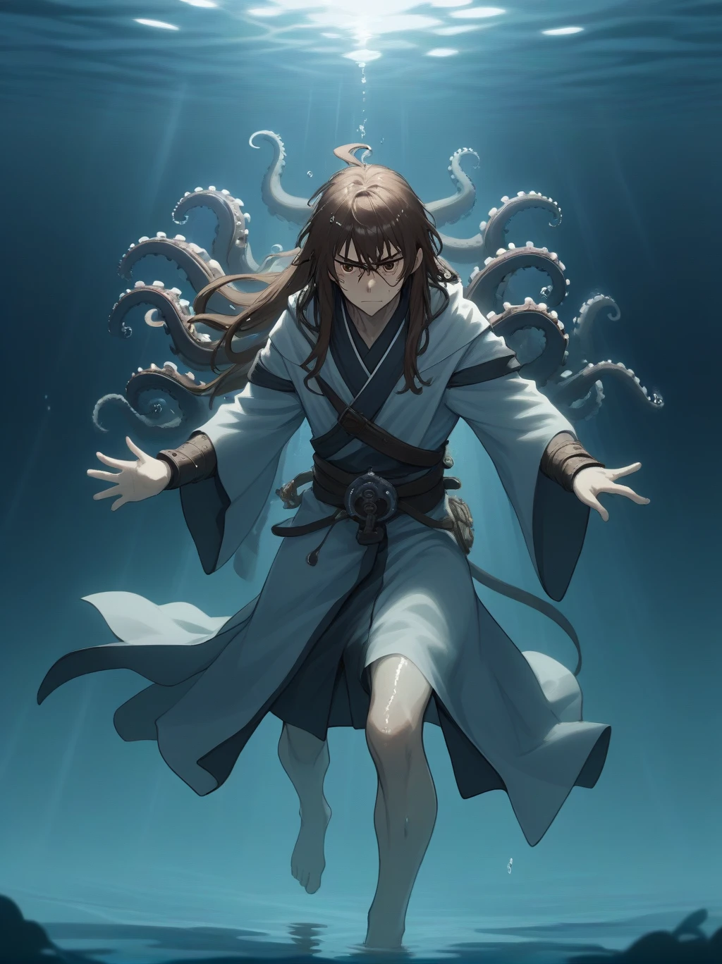 Partially underwater,最high quality,high quality, , Long Hair, Brown Hair, Wet Hair, Flat Chest,Dark underground labyrinth,No light,Cloth armor,Equipped with a dagger and a shield,Face above water,Body in water, Underwater Photography,The robe rolls up due to buoyancy,Painful face、My leg is pulled by tentacles、Being dragged into the water、Go wild