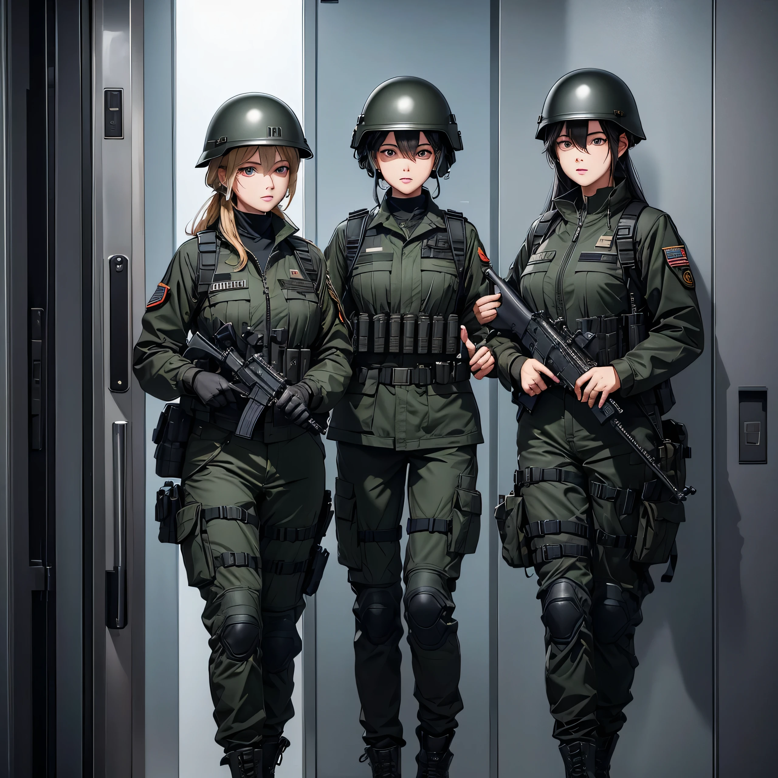 Three female special forces soldiers holding guns in both hands、Black M-51 military jacket、Wear a steel helmet、Military Pants、Magazine Pouch、Guarding the elevator door、Write details、masterpiece、best quality、Highly detailed CG、8K picture quality