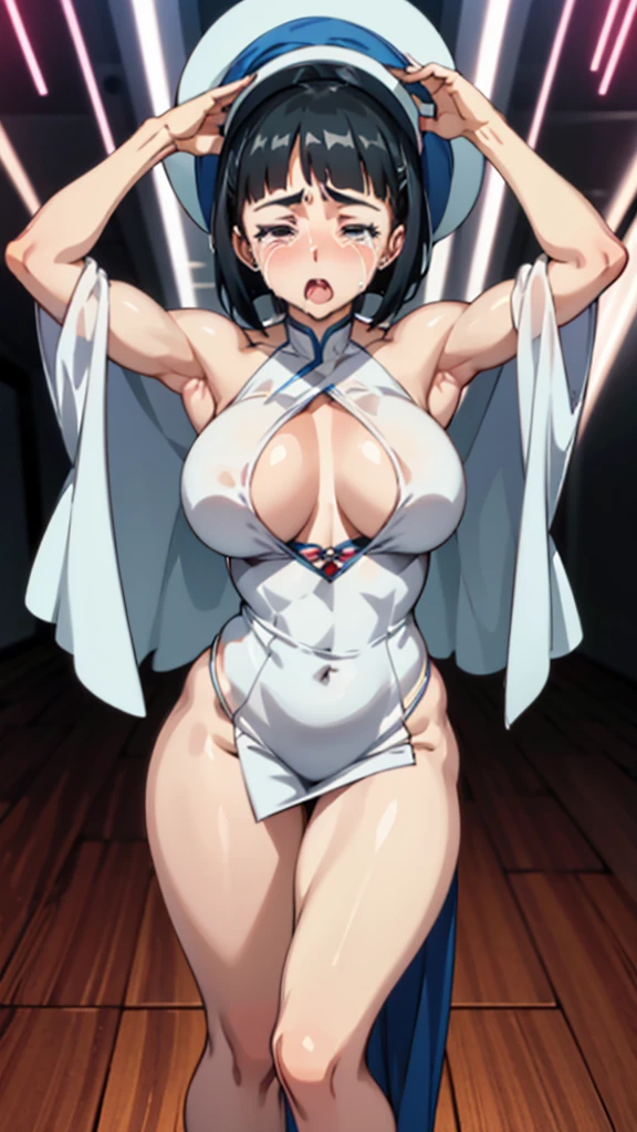 アニメ,Perfect Anatomy,Suguha Kirigaya,1female,crossed eyes,(rolling eyes),open mouth,(tongue out),(crying),party dress,short hair,large breasts,(slim body)