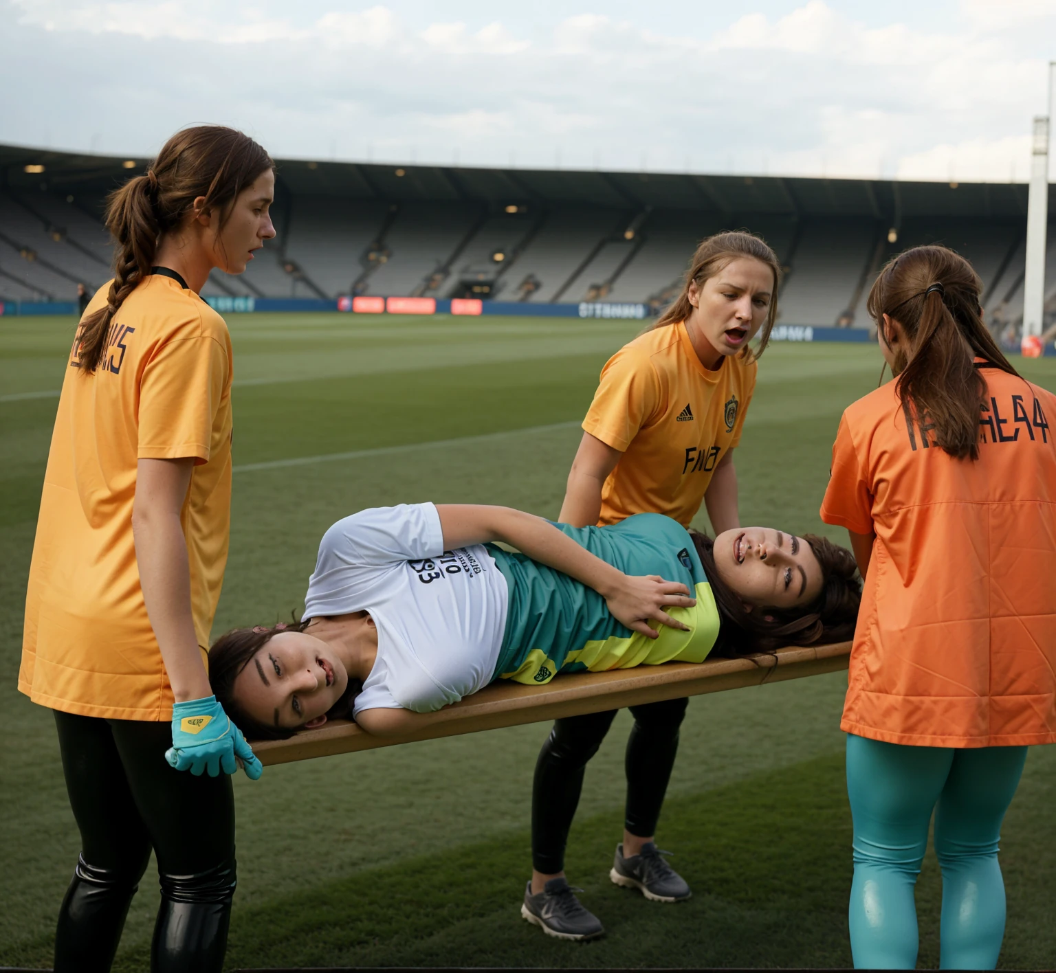a soccer scene in a german sports stadium, injury scene in a sports stadium, stretcher carry, an injured soccer player is lying head first on his back on a stretcher and is covering his head with the hand, there are four young schoolgirls in shiny leather-trousers carrying a stretcher, there are four longhaired schoolgirls in high-shine latex-leggings who are carrying a stretcher in a german sports stadium, there is a wounded male soccer player in a short sports outfit lying head first on the stretcher, an injured male soccer player is lying head first on his back on a stretcher and is covering his agonised face with a hand, a soccer player is rearing up in intense pain while lying head first on his back on a stretcher and covering his head with a hand, dramatic scene, theatralic posing scene, dramatic pity scene, injury soccer, first aid, help, pity, there are four very angry looking schoolgirls in shiny latex-trousers who are looking very sad and very terrified and very shocked, the injured soccer player is screaming out in pain while he is carried from the pitch on a stretcher