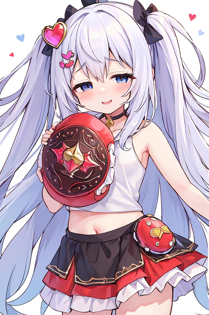 Cute girl with skirt belly punch in the corner of the ring,((masterpiece)),long hair,beautiful white skin、 ((charming))、happy smile、perfect proportions、(((Kickboxing)))、(((Mixed wrestling))), cute woman, baby face, BREAK source_anime, high detail, looking at viewer,POV, large chest, best quality, highly detailed, young face, white background,Droopy eyes,relaxed face,she attacks,frilly skirt,heart hair ornament,twintale hair, best quality, 1girl, solo, nice hands, perfect hands,