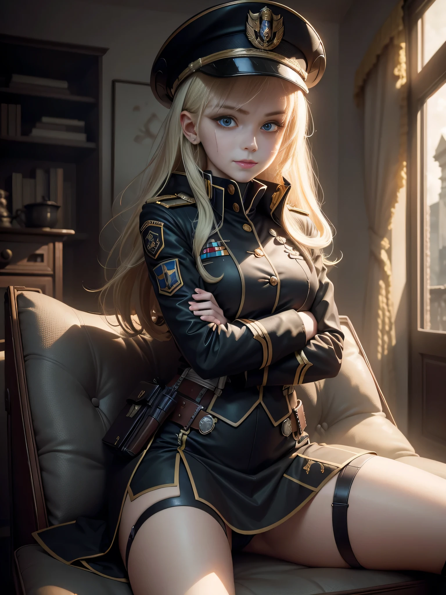 Destroyed towns,3 Ukrainian girls , Ukrainian anime girls , , Ukraine ,
Full body composition of young girl with messy bright blonde hair, eye make up, 18 year old,
Soft lighting, Solo, Old torn dirty shabby futuristic military uniform, badges, Pose, Blotch color, Octane Render, Hyperrealistic intricate detail,
Cinematic, 8K resolution, 70mm, Accent Lighting, Global Illumination, Full body portrait, clean detailed faces, intricate clothing, Cute face, flat chest, Slim waist, Slim legs, small hips,Major's uniform,Major's hat, thigh high stockings
Holding a handgun,Long jacket,Carrying a cloak,actionpose,Sitting in the General's Chair,
Dominant lady, mean look, evil smile. sexy. extreme Strong vignette.
legs parted, seductive, suggestive sex, leaning forward towards viewer.