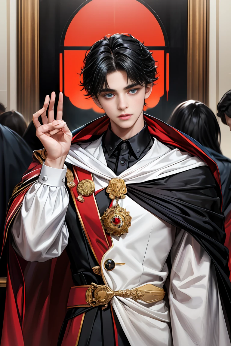 masterpiece, 最high quality, high quality, 1 boy, alone, Male focus, Watching the audience, Messy black hair, Adorable big blue eyes, White people, Noble, Noble,Sexy voluminous black and red cape、Tuxedo、A very voluminous, large, very large, very large, long, long red and black cape with a high stand-up collar, reaching down to the floor, made of a lot of fabric., 17 years old,Cute beautiful boys,Cute, cute, kind, handsome guy