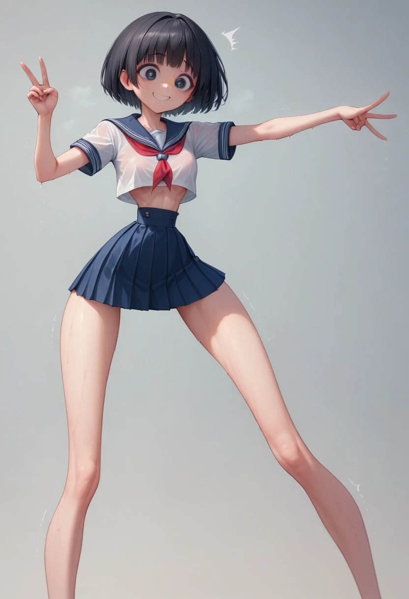 (masterpiece, best quality:1.3), front shot, 1girl, kawaii, (micro waist, very long legs:1.3), Black hair, short bob hair, short height, scrawny and thin body, Light Skin, cute big eyes, cute beautiful thin face, forced smile, serafuku, pigeon-toed, wet and sweaty, visible ribs, V sign, Trembling