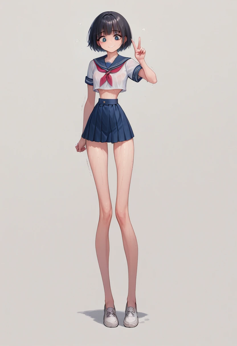 (masterpiece, best quality:1.3), front shot, 1girl, kawaii, (micro waist, very long legs:1.3), Black hair, short bob hair, short height, scrawny and thin body, Light Skin, cute big eyes, cute beautiful thin face, forced smile, serafuku, pigeon-toed, wet and sweaty, visible ribs, V sign, Trembling