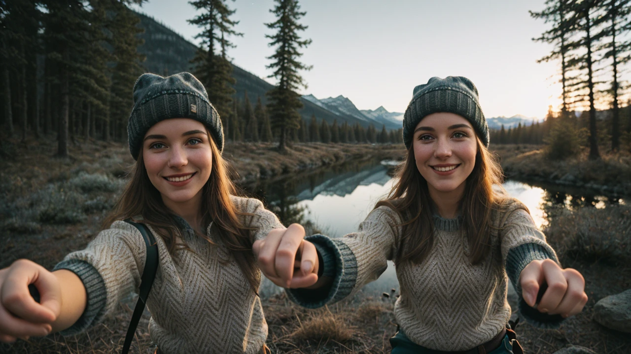 1 woman((upper body selfie, happy)), masterpiece, best quality, ultra-detailed,  solo, outdoors, (night), mountains, nature, (stars, moon)   cheerful, happy, backpack, sleeping bag, camping stove, water bottle, mountain boots, gloves, sweater, hat, flashlight, forest, rocks, river, wood, smoke, shadows, contrast, clear sky,
analog style (look at viewer:1.2)  (skin texture)
(film grain:1.3), (warm hue, warm tone)