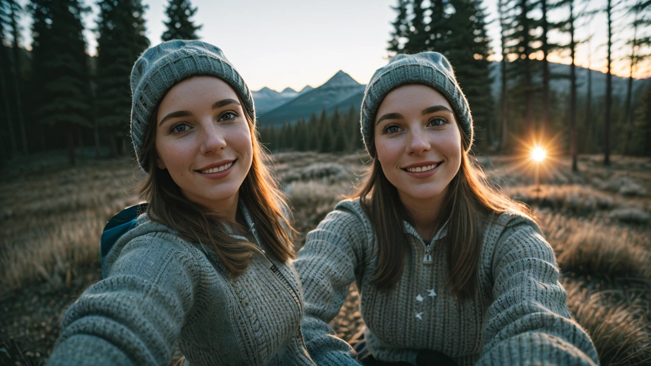 1 woman((upper body selfie, happy)), masterpiece, best quality, ultra-detailed, solo, outdoors, (night), mountains, nature, (stars, moon) cheerful, happy, backpack, sleeping bag, camping stove, water bottle, mountain boots, gloves, sweater, hat, flashlight, forest, rocks, river, wood, smoke, shadows, contrast, clear sky,
analog style (look at viewer:1.2) (skin texture)
(film grain:1.3), (warm hue, warm tone)