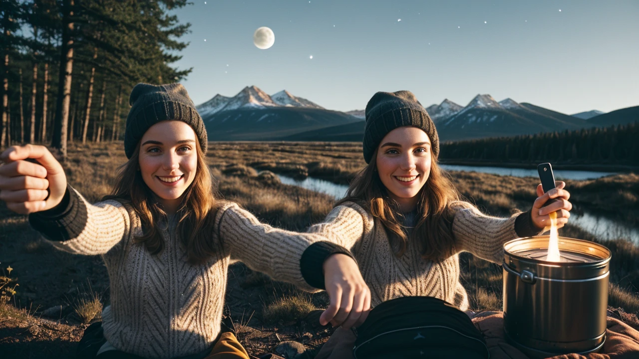 1 woman((upper body selfie, happy)), masterpiece, best quality, ultra-detailed, solo, outdoors, (night), mountains, nature, (stars, moon) cheerful, happy, backpack, sleeping bag, camping stove, water bottle, mountain boots, gloves, sweater, hat, flashlight, forest, rocks, river, wood, smoke, shadows, contrast, clear sky,
analog style (look at viewer:1.2) (skin texture)
(film grain:1.3), (warm hue, warm tone)
