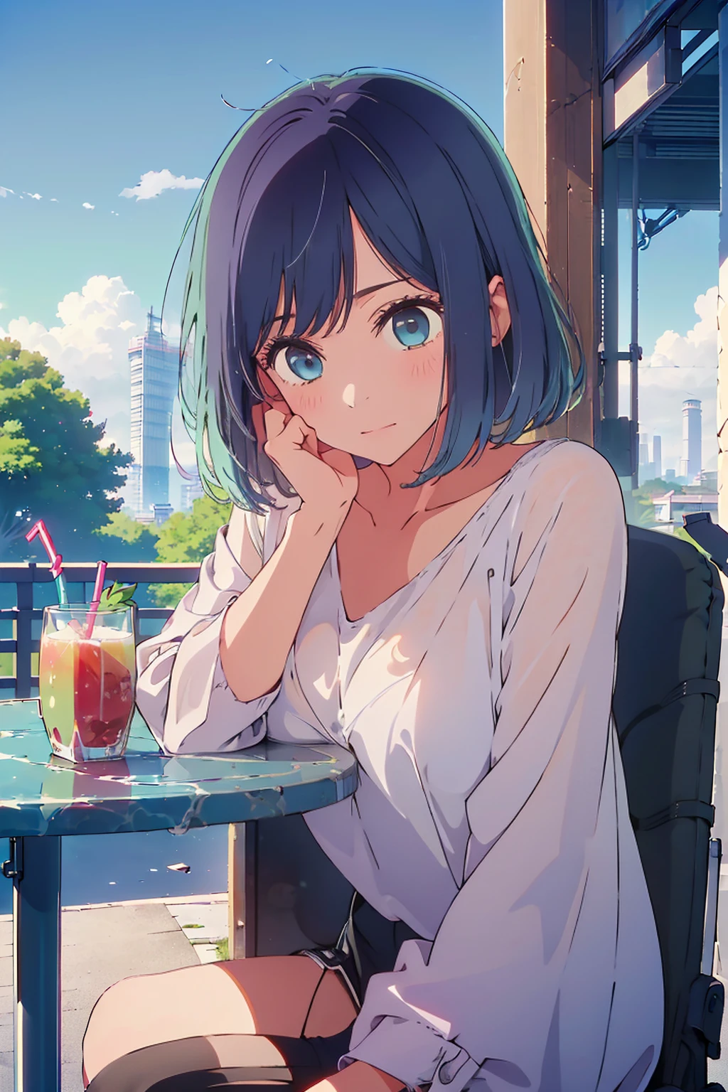 (Highest quality:1.4、8K:1.4、detailed)、F cup bust、Big Breasts、Slim body、Very white beautiful skin、((((1 person、Surprised expression、sit、Chair、In the background are the urban buildings of Tokyo、looking at the camera、Outdoor café terrace、Navy hair color、juice、Shooting up close、Shooting from an angle、table、Very cute face))))、((((nude、very beautiful areola))))、(Hand touching cheek pose:1.4、Cheek resting on hand:1.4)、Off-the-shoulder blouson、Black blouson with zipper、Very blue sky、A completely cloudless sky