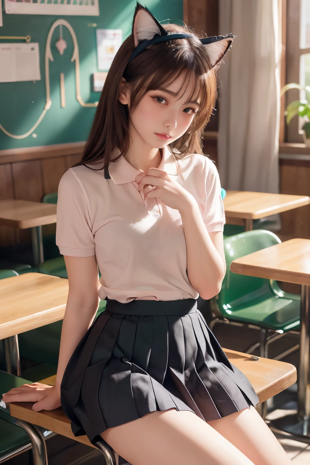(Cat ears:1.3), (Showing off panties:1.2), (Professional portrait, Realistic and perfectly shaped subjects:1.3), (masterpiece, highest quality:1.2), (Realistic, Ultra-realistic, Realistic:1.3), (ultra High resolution), High resolution, Intricate details, Super detailed, (Highly detailed CG, unity 8k wallpaper:1.3), Clear image,
break
(1 Japanese girl, 16 years old), (cute, Slender figure), (Perfect Anatomy, Correct limbs:1.2), (Perfect hands), Perfect Arms, Beautiful and delicate face down to the last detail, Beautiful and delicate eye and eye highlights, (Very thin and delicate、not too long lashes), (Captivating eyes, Beautifully detailed eyes and face), light makeup, Pink Lip, Lip gloss, Stylish face, (Shiny skin, Realistic skin detail), Brown Hair, medium chest
break
((school uniform)), (High school girl), 
(White polo shirt:1.2), (Pleated skirt:1.2),
(Black socks), shirt open
break
(cafe:1.3), sitting  , (Cowboy Shot), break 
(((blush:1.4))), ((Embarrassing:1.4)), (((shy:1.5)))
break
from below
break