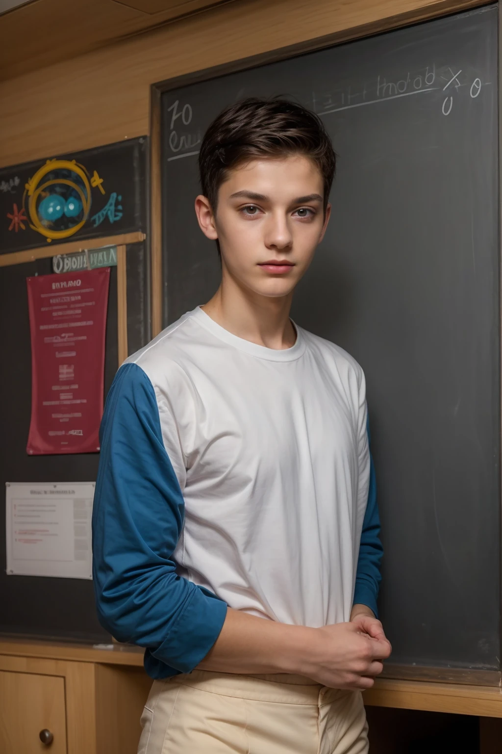 A beautiful young man, a cute male twink, with black hair and a face with reddish make-up, wearing a bright white long-sleeved shirt and tight aqua blue pants. He is in his office, and behind him is a blackboard on which is written the shape of the brain and its anatomy, and nuclear energy comes out of it.