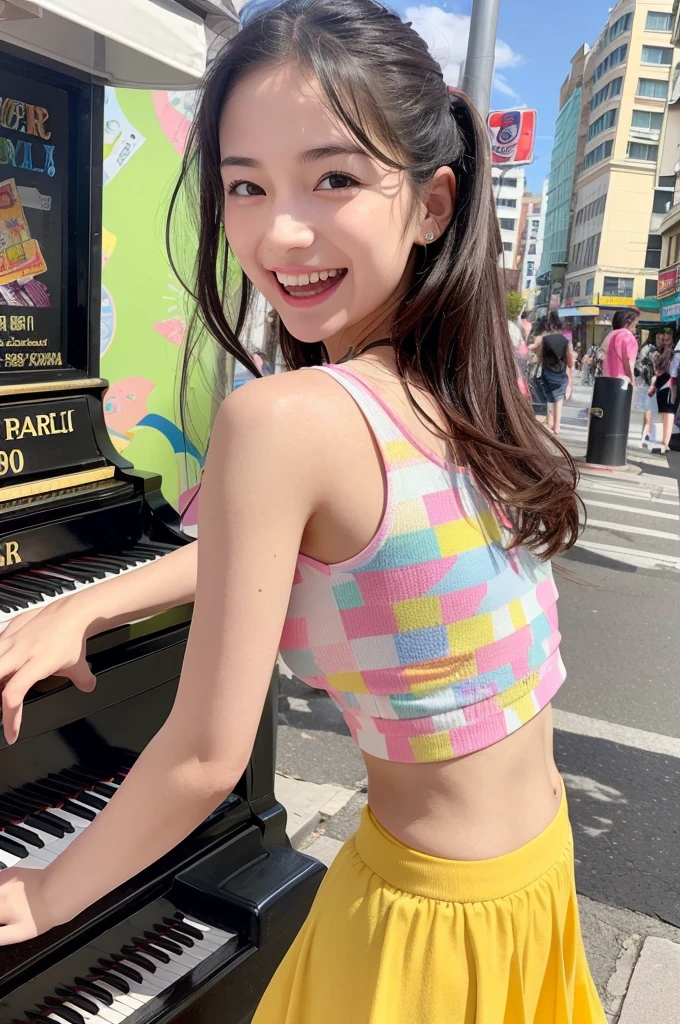A photo-realistic image of a cute, pop-style 19-year-old girl smiling brightly as she plays a street piano and sings. The girl has a lively and cheerful expression, with sparkling eyes and a joyful demeanor. She is wearing trendy, colorful clothes, like a vibrant skirt and a stylish top, suitable for her age. Her hair is styled in a fun, modern way, possibly with some colorful highlights. The setting is a lively urban street with a decorated street piano, capturing the energetic and creative atmosphere. The background includes elements like pedestrians, street art, and cityscape to emphasize the bustling environment
