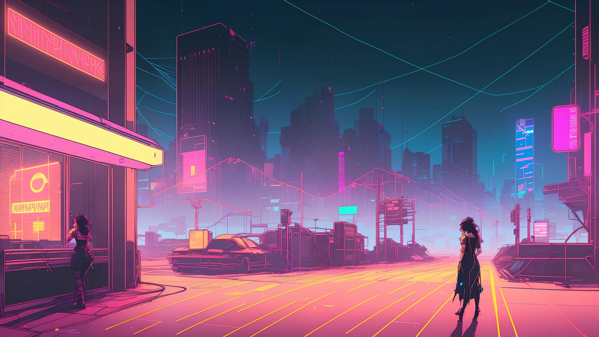 (nvinkpunk:1.2) ,Streetscape、Light Wave, night、Neon Light,A woman smoking a cigarette、Back view、Complex, Very detailed