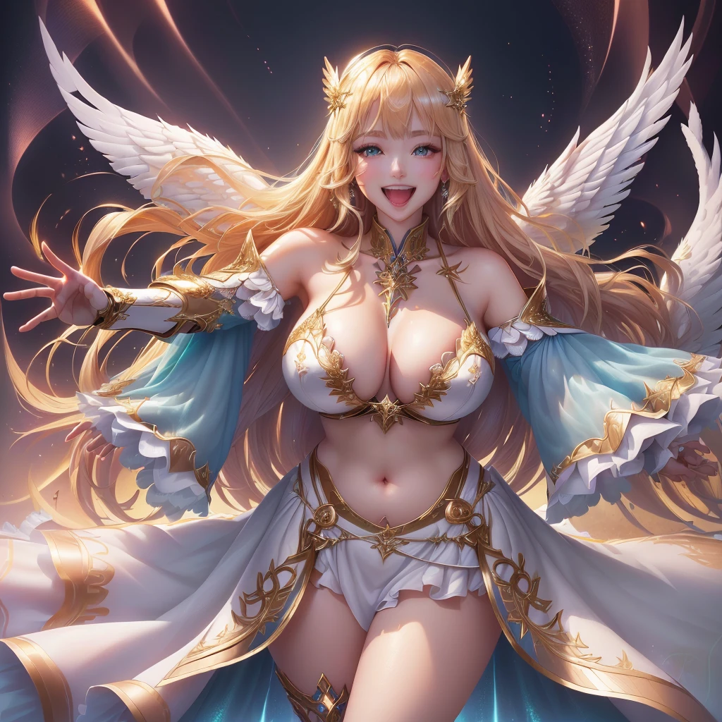 最high quality, high quality, 8K、High resolution,Highest quality、solo、胸に翼のある白いビキニ姿のtallのadult female angel、Very beautiful proportions、belly button、Thighs、tall、Adult woman in a white bikini, Archangel Style、super Wild Angel, A happy open-mouthed smile、Thighs、Naturally Shaped Fingers、Long neck、from the front、Looking at each other, our eyes met、belly button、Blonde hair and blue eyes、Majestic Angel, Anime Goddess, Wild Angel, thick, Beautiful and attractive anime woman, Huge and stunning goddess shots, Angel Adult Woman, adult female angel, She has angel wings on her back,Highly detailed goddess shot