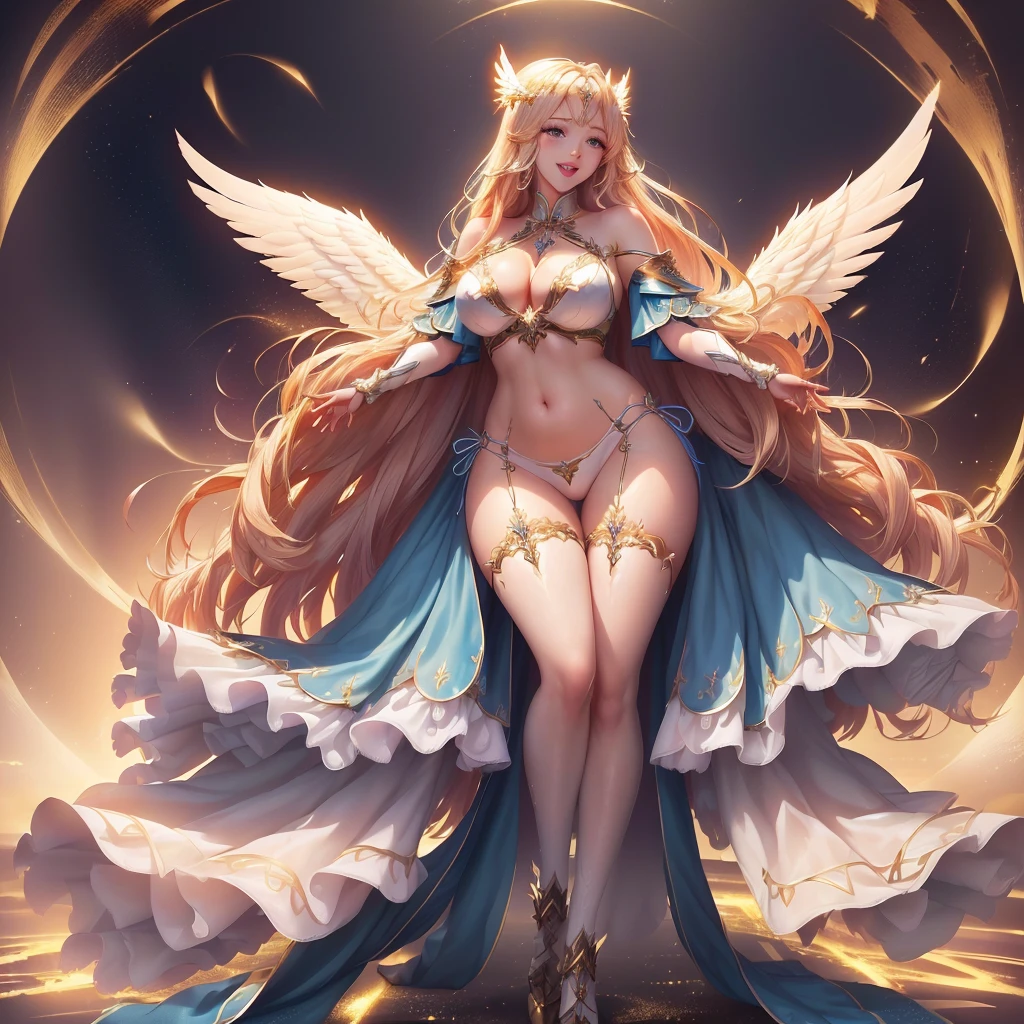 最high quality, high quality, 8K、High resolution,Highest quality、solo、胸に翼のある白いビキニ姿のtallのadult female angel、Very beautiful proportions、belly button、Thighs、tall、Adult woman in a white bikini, Archangel Style、super Wild Angel, A happy open-mouthed smile、Thighs、Naturally Shaped Fingers、Long neck、from the front、Looking at each other, our eyes met、belly button、Blonde hair and blue eyes、Majestic Angel, Anime Goddess, Wild Angel, thick, Beautiful and attractive anime woman, Huge and stunning goddess shots, Angel Adult Woman, adult female angel, She has angel wings on her back,Highly detailed goddess shot