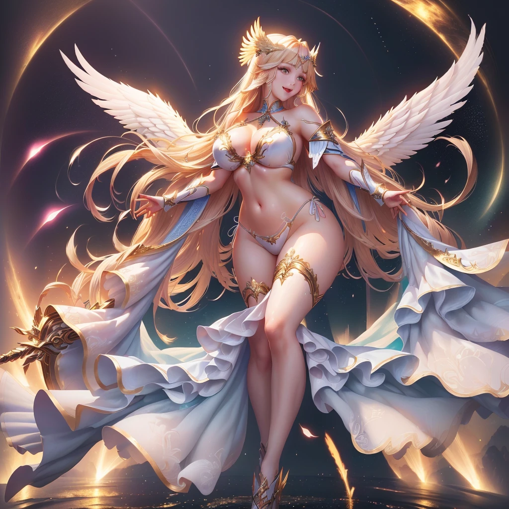 最high quality, high quality, 8K、High resolution,Highest quality、solo、胸に翼のある白いビキニ姿のtallのadult female angel、Very beautiful proportions、belly button、Thighs、tall、Adult woman in a white bikini, Archangel Style、super Wild Angel, A happy open-mouthed smile、Thighs、Naturally Shaped Fingers、Long neck、from the front、Looking at each other, our eyes met、belly button、Blonde hair and blue eyes、Majestic Angel, Anime Goddess, Wild Angel, thick, Beautiful and attractive anime woman, Huge and stunning goddess shots, Angel Adult Woman, adult female angel, She has angel wings on her back,Highly detailed goddess shot