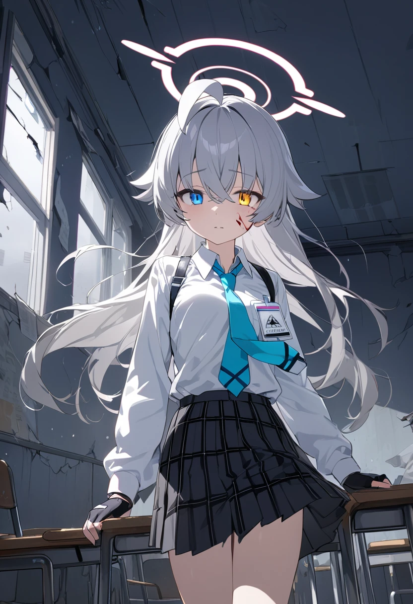 (((masterpiece))), (((best quality))), ((ultra-detailed)), (illustration), (detailed light), ((an extremely delicate and beautiful)), (beautiful detailed eyes), (gloomy atmosphere), (moonlight), 1girl, (damaged classroom), (wind), blood on face, hoshino \(blue archive\), halo, ahoge, fingerless_gloves, plaid_skirt, white_shirt, black_gloves, long_sleeves, white_socks, collared_shirt, black_skirt, blue_necktie, heterochromia, id_card