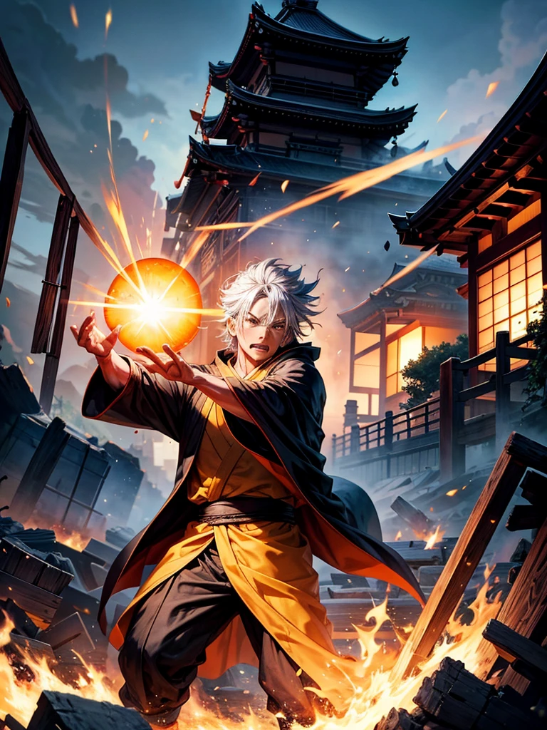 Highest quality,Highest Resolution,An old monk in a black robe shoots a Kamehameha-like beam from his hand and destroys buildings.,Japanese Temples,Destroying a building,