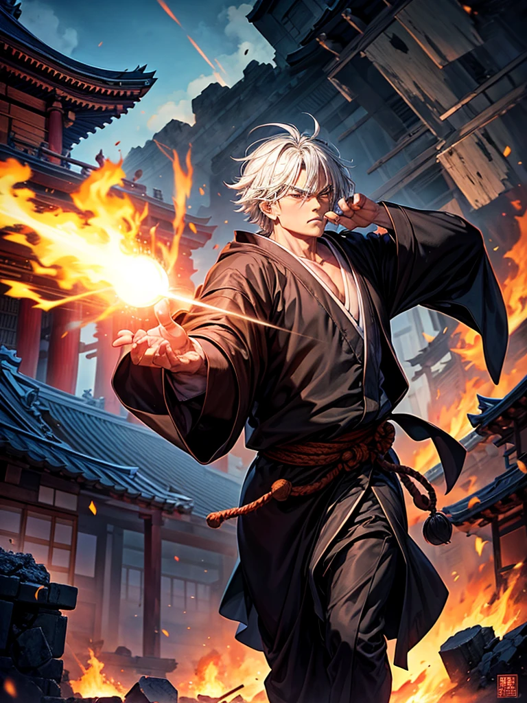 Highest quality,Highest Resolution,An old monk in a black robe shoots a Kamehameha-like beam from his hand and destroys buildings.,Japanese Temples,Destroying a building,