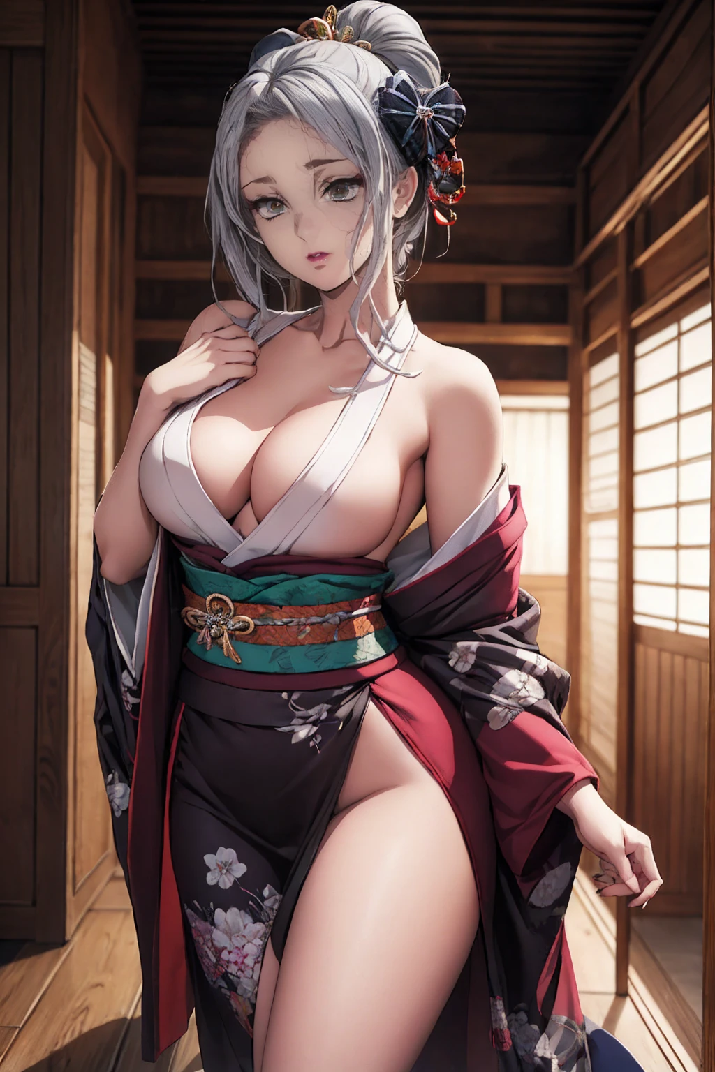 One girl, in/Kimetsu no yaba,  whole body (whole body 1.1.), Devilish Girl, Looking at the camera, Looking to the future, Beautiful waist, Gray Hair, Sexy pose, Beautiful body (Correct Anatomy), sexy kimono, kimono style, demon geisha, Very beautiful face, Woman&#39;s face, Beautiful body is completely visible, masterpiece, 最high quality, Full Height (Bodyful 1.1.), Beautiful waist, Beautiful legs, high quality, Very detailedな顔, Depth of written boundary, High resolution, Very detailed, Ray Tracing, whole body, Dark fantasy, Devil Tattoo, Super beautiful, Beautiful small breasts., One girl, solo, View your viewers, Black Hair, hair ornaments, jewelry, Mouth closed, Green Eyes , Yellow Eyes, kimono, kimono, compensate, lipstick, elongated pupils, Glowing Eyes, anger, Red lips, Hairpin, whole body