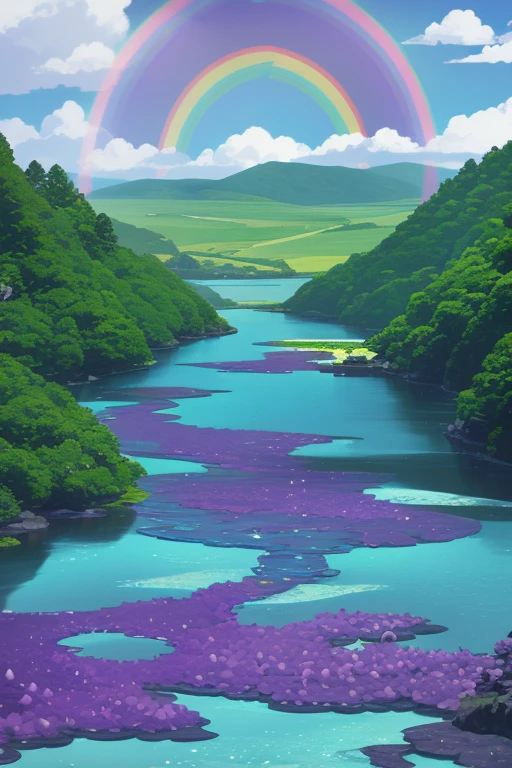 a landscape of a world made entirely of quartz crystals and diamonds the earth is made of jade-colored crystal the trees are made of crystal the water of the river is purple the animals are made of quartz and crystal the sky is colored rainbow of many colors with creatures made of glass