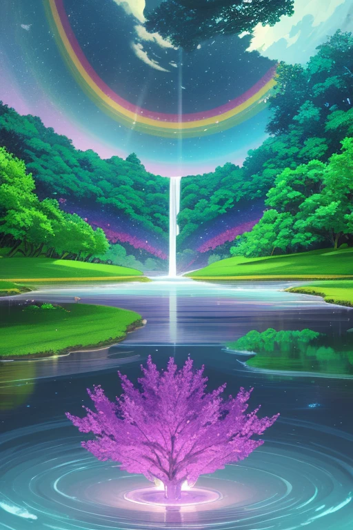 a landscape of a world made entirely of quartz crystals and diamonds the earth is made of jade-colored crystal the trees are made of crystal the water of the river is purple the animals are made of quartz and crystal the sky is colored rainbow of many colors with creatures made of glass