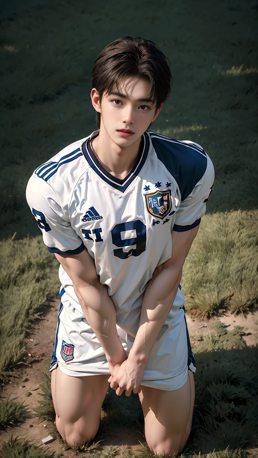 masterpiece,best quality,Frontal upward perspective,Stay away from the camera, (An 18-year-old tall boy:1.2), (Kneeling upright on the campus lawn:1.2),(Football Jersey),Broad shoulders,Muscular shoulders,(Extremely strong body),Muscular body,Fitness,Perfect body proportions,Inverted triangle figure,Biceps,Highlight muscle texture, Muscular body,Small head,Handsome and cute face,V-Shaped Face,Perfectly detailed facial features,Looking at the camera,Innocent expression,leaning back,head tilt, happy, very short hair, brown hair,(looking at viewer:1.2),Vision