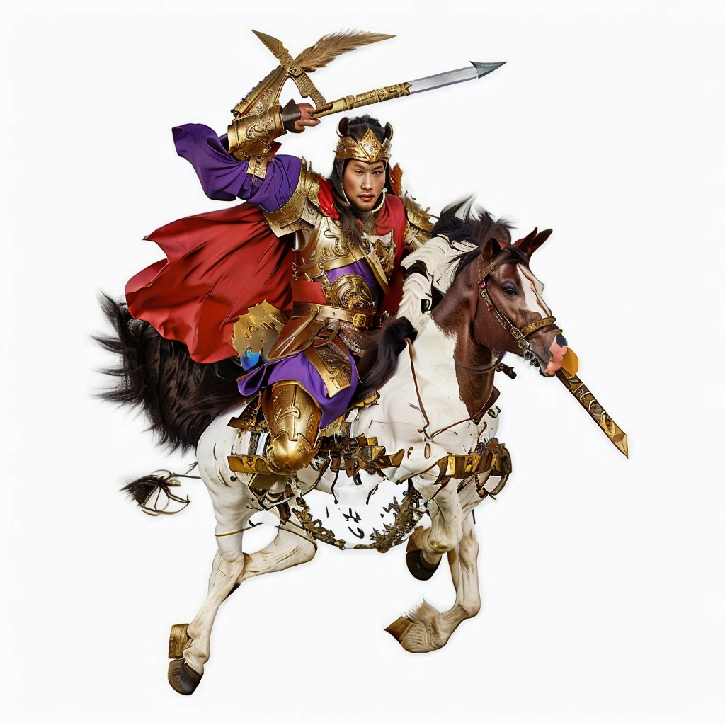 an ancient chinese young warrior, wearing gold color armour, warrior riding a horse, holding a word and a spear, red cape, purple robe, horse head look at the right