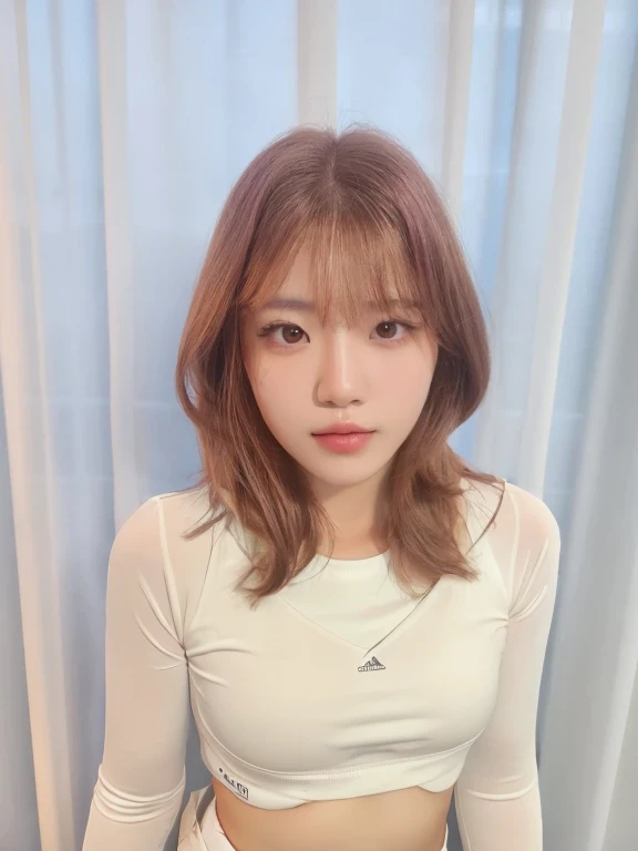 Best Quality, 8k, Masterpiece, (Portrait: 1.3), (photo realistic:1.4), (hyper realistic:1.4), Sharp Focus, looking at viewer, (smoother lighting:1.1), (increase cinematic lighting quality:0.9), realistic lighting, backlighting, light on face, ray trace, (brightening light:1.2), (Increase quality:1.4), sharp detail, (best quality real texture skin:1.4), finely detailed eyes, black_eyes, finely detailed face, 25 year old Korean woman, (crop_top:1.4), (Create an image maintaining the original base model hairstyle:1.5)