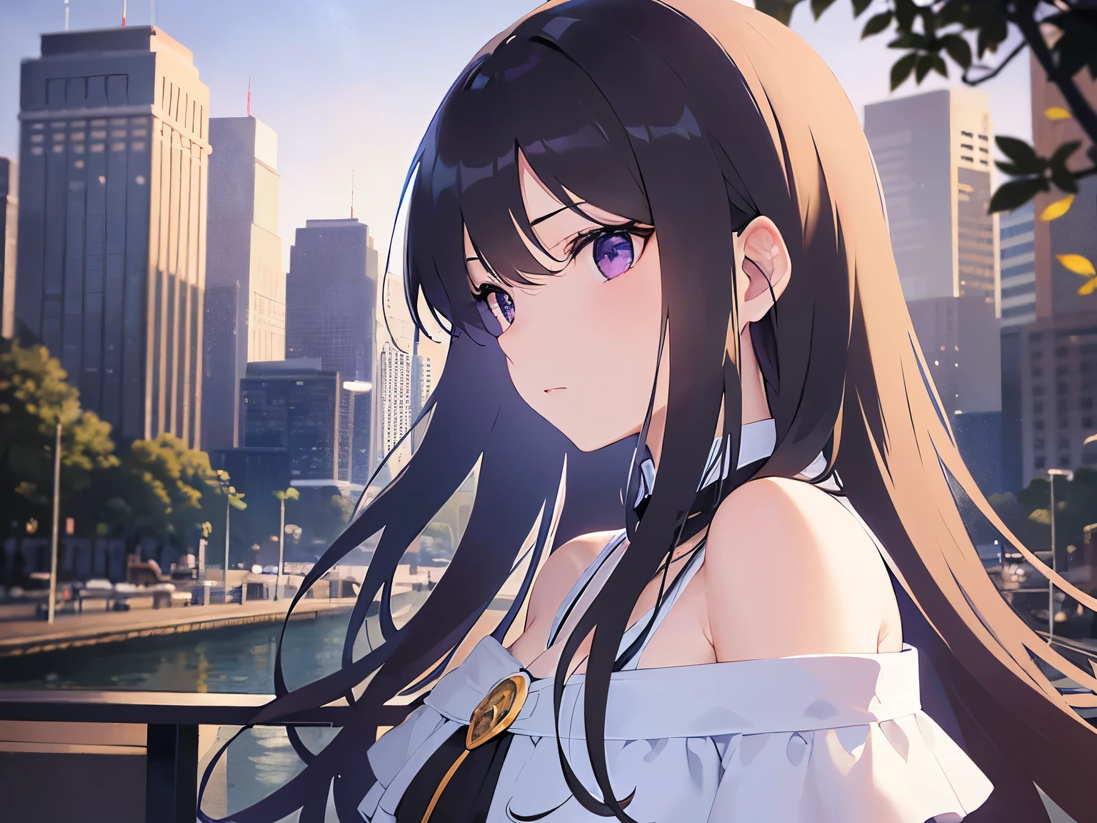 Detailed CG,Ultra-fine illustrations,masterpiece,Highest quality,AW Photo,(Pale skin:1.2),Shiny skin,Shiny Hair,(A26-year-old woman with straight hair and bangs)and(Medium Hair)and(Black Hair)and(Purple eyes),BREAK(white off shoulder blouse:1.5)BREAK,(annoyed),Background is a park at night,Alone,profile,side angle,(looking away:1.5)