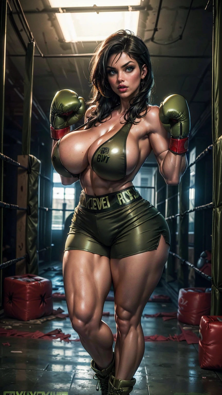 (best quality,highres:1.2), (ultra-detailed), (realistic:1.37), (HDR,UHD), (physically-based rendering), (curvy Denise Milani as a topless boxer), ((topless, exposed chest:1.3)), ((olive green boxing shorts:1.3)), ((boxing gloves:1.4)), ((short, straight jet-black hair:1.3)), ((firm breasts, deep cleavage, perfectly round breasts)), ((thicc, thick thighs:1.3)), ((beautiful large green eyes):1.3), (intimidating pose in an abandoned factory), (full-body portrait), (vivid colors), (metallic textures), (hot red lips, makeup:1.3), sexy fighter, prominent breasts, rock solid breasts, large thick calves, ((olive green boxing shorts:1.3)), (full body portrait:1.3), big_boltedontits, boltedontits, th3p1t, sakimichan,