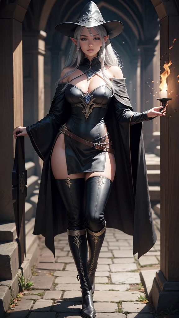 medieval setting, full view of body, 1 female elf mage,beatiful smokey eyes, silver hair, black mage robe with gambeson, wizard hat, black leather pants, leather boots