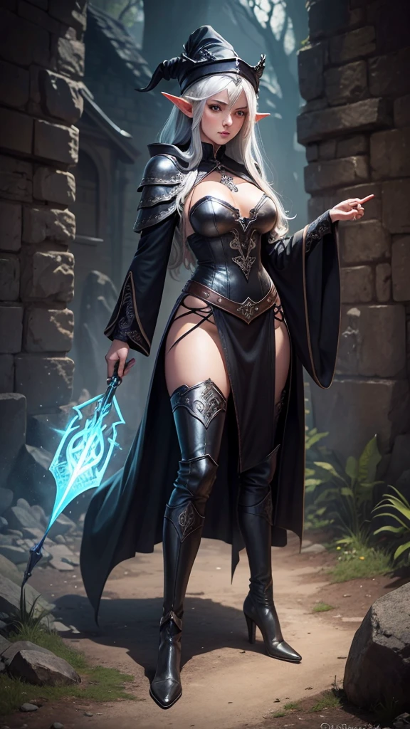 medieval setting, full view of body, 1 female elf mage,beatiful smokey eyes, silver hair, black mage robe with gambeson, wizard hat, black leather pants, leather boots
