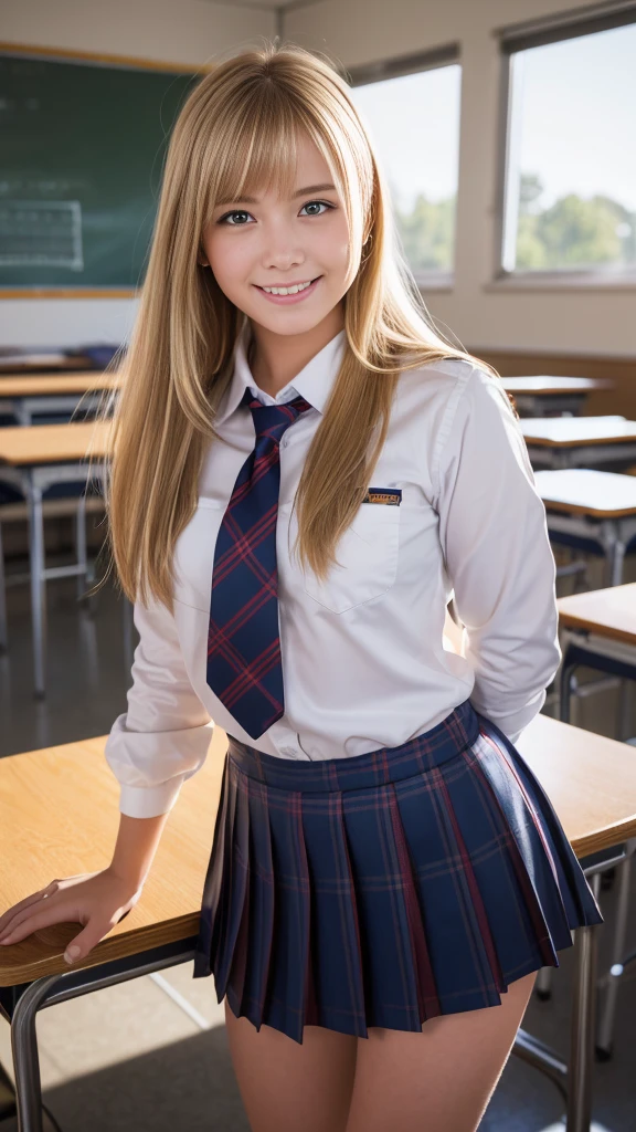 (Highest quality,masterpiece:1.3,Ultra-high resolution),(Very detailed,Caustics,8K),(Realistic:1.4,RAW shooting),American girl in high school uniform,smile,18-year-old,Blonde long haircut,Looking into the camera,School classroom,I'm sitting on a chair and studying、Waist up shot,front,Face Focus,Face close-up,(Warm Light),Professional Writing
