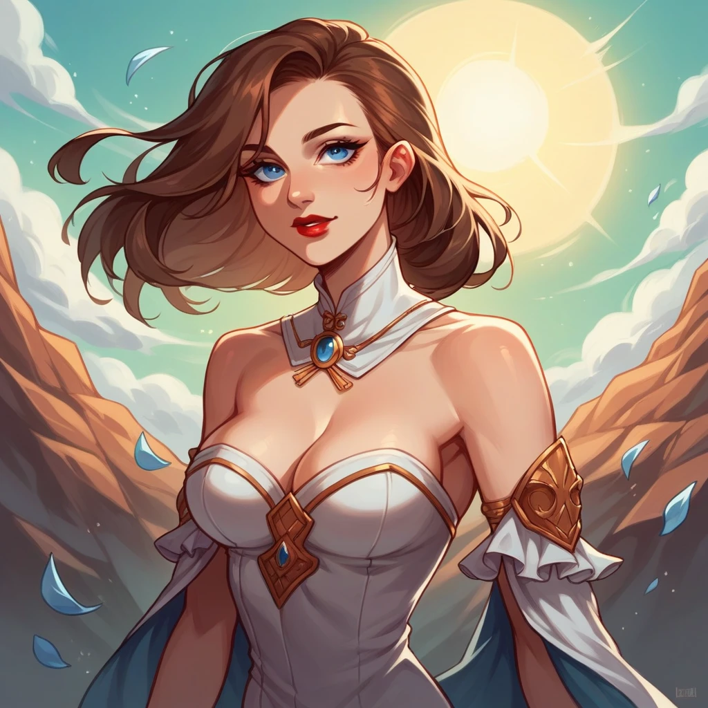 A creature with the body of a half-human, half-horse. From her head to her waist, she is a beautiful woman with medium breasts, brown hair, blue eyes, and soft red lips, so beautiful she looks like a goddess. Her hair flows in the wind and is touched by the afternoon sun. She stands on the top of a rocky hill