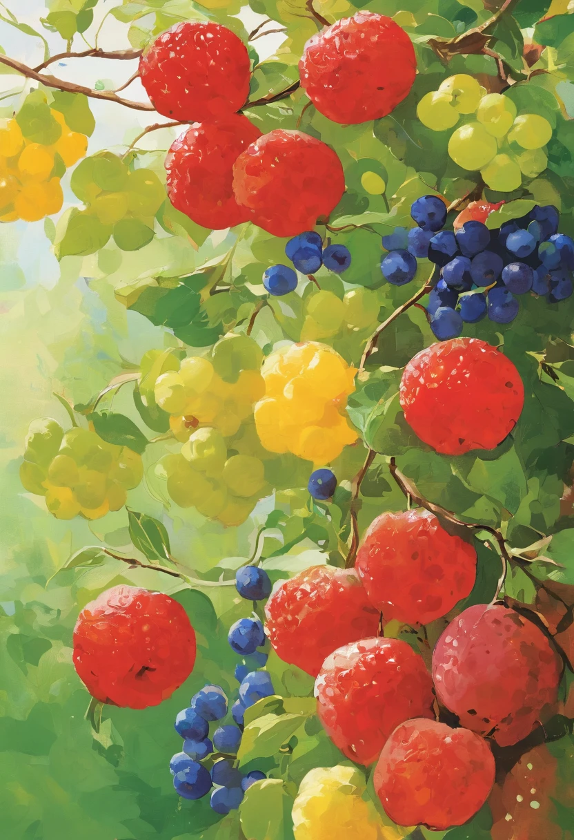 テーブルの上にはたくさんのfruitの絵があります, fruitと花, cute,Full color illustrations, author: Wernershott, made fruitと花, 花とfruitでできた, fruit, full of colour w 1024, Full color digital illustration, author:Richard Mayhew, Official Art, In a detailed painting of gouache, cool illustration