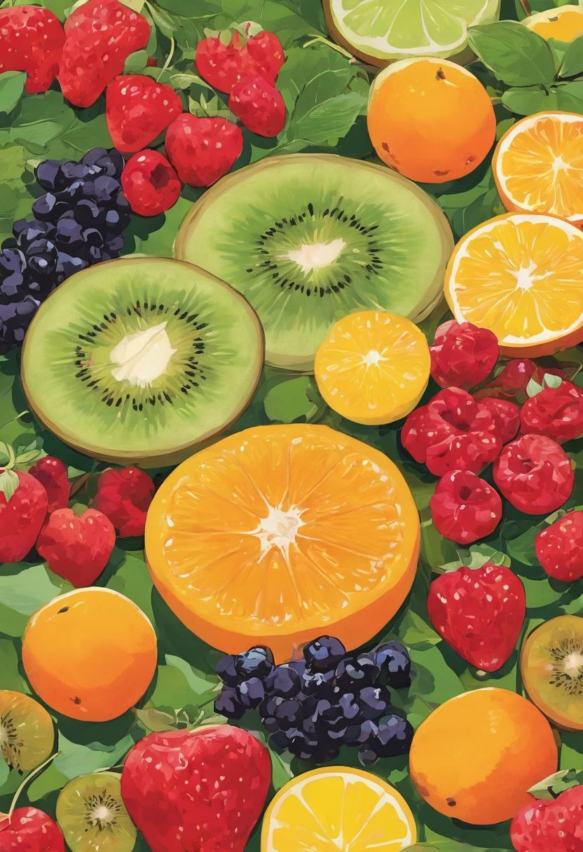 テーブルの上にはたくさんのfruitの絵があります, fruitと花, cute,Full color illustrations, author:John Wernershott, made of fruitと花, 花とfruitでできた, fruit, full of colour w 1024, Full color digital illustration, author:Richard Mayhew, Official Art, In a detailed painting of gouache, cool illustration