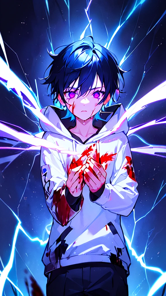 [(BLACK BACKGROUND:1.5),::5], ((((masterpiece)))), high quality, ultra very high resolution, full color, (((solo))), (()), black hair, ((blue colored inner hair)), ((purple eyes)), anime, ((upper body)), neon light, black parka, (lightning effect:1.2), (Blood effect:1.5)