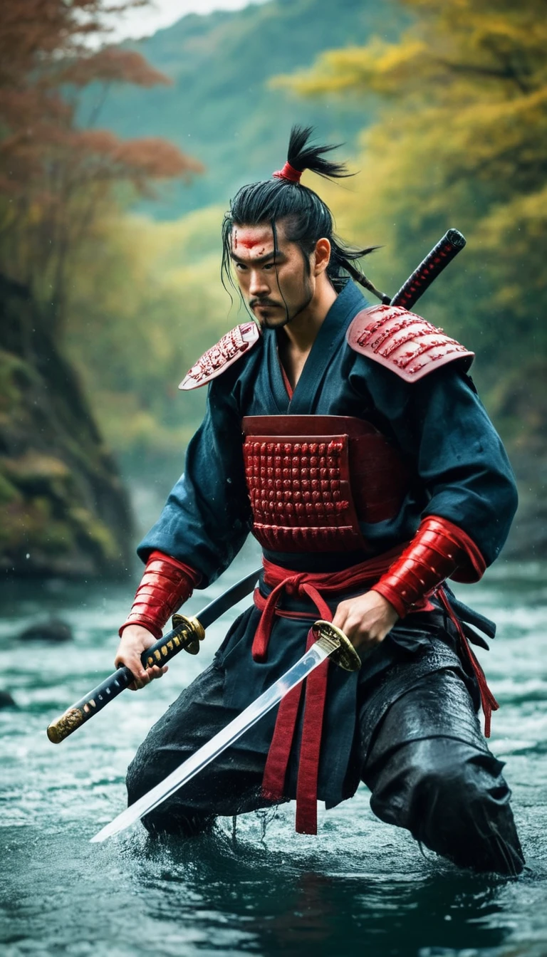 best quality,Ultra-fine,warrior samurai in water ,view in front of the camera, Air,One hand holding a katana,Face mask,fighting,Dodge,avoid,lifelike,photorealism:1.37),bright colors,clear focus,Defocused,(fantasy:1.2),(mystical landscapes),(dynamic poses:1.37),(intense gaze),(Extraordinary power),(the power of myth),black and red,Wounds on the body,splash