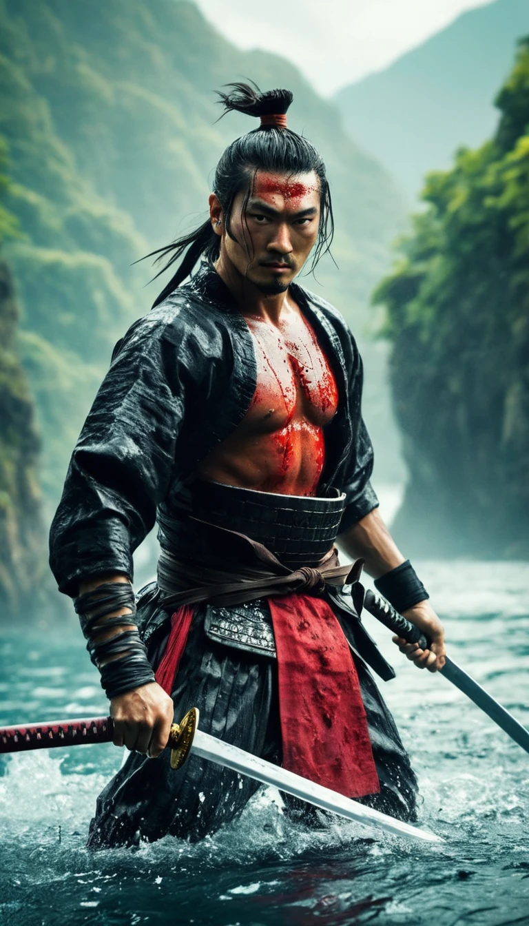 best quality,Ultra-fine,warrior samurai in water ,view in front of the camera, Air,One hand holding a katana,Face mask,fighting,Dodge,avoid,lifelike,photorealism:1.37),bright colors,clear focus,Defocused,(fantasy:1.2),(mystical landscapes),(dynamic poses:1.37),(intense gaze),(Extraordinary power),(the power of myth),black and red,Wounds on the body,splash