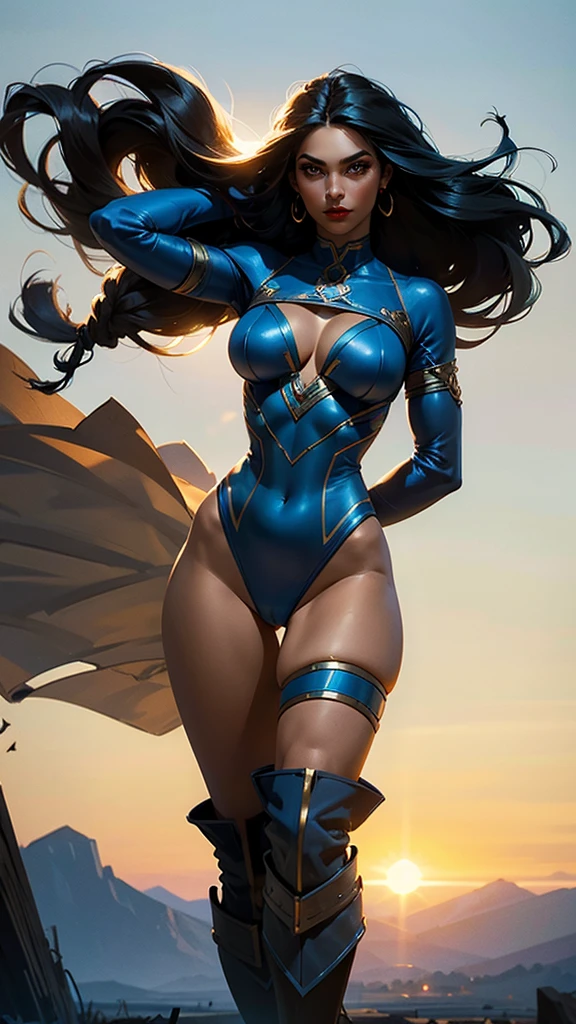 Meet the Native American superheroine clad in a vibrant blue leotard, the sleeves of which extend past her wrists, and black thigh-high boots. Her long, luscious black hair cascades down her back, framing her dark tanned skin and expressive brown eyes. As she stands tall and proud, her fierce determination shines through her regal demeanor. The wind plays with her hair, adding an ethereal aura to her powerful presence. The sun sets behind her, casting a warm glow on her noble features, as she readies herself for another epic adventure. (Curvy)