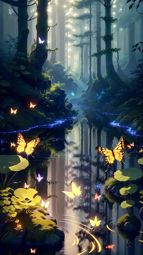 A masterpiece, the best quality, stunning reflections, the best reflections ever. (very detailed CG unity 8k wallpapers), (best quality), (best illustrations), (best shadows), forest theme with natural elements. Tall trees, quiet streams, small glowing mushrooms surrounded by delicate leaves and branches, with fireflies and glowing particle effects,, (natural elements), (jungle theme), (leaves), (twigs), (fireflies), butterflies, (delicate leaves), (glow), (particle effects). , Isometric 3D, Octane Rendering, Ray Traced, Super Detailed