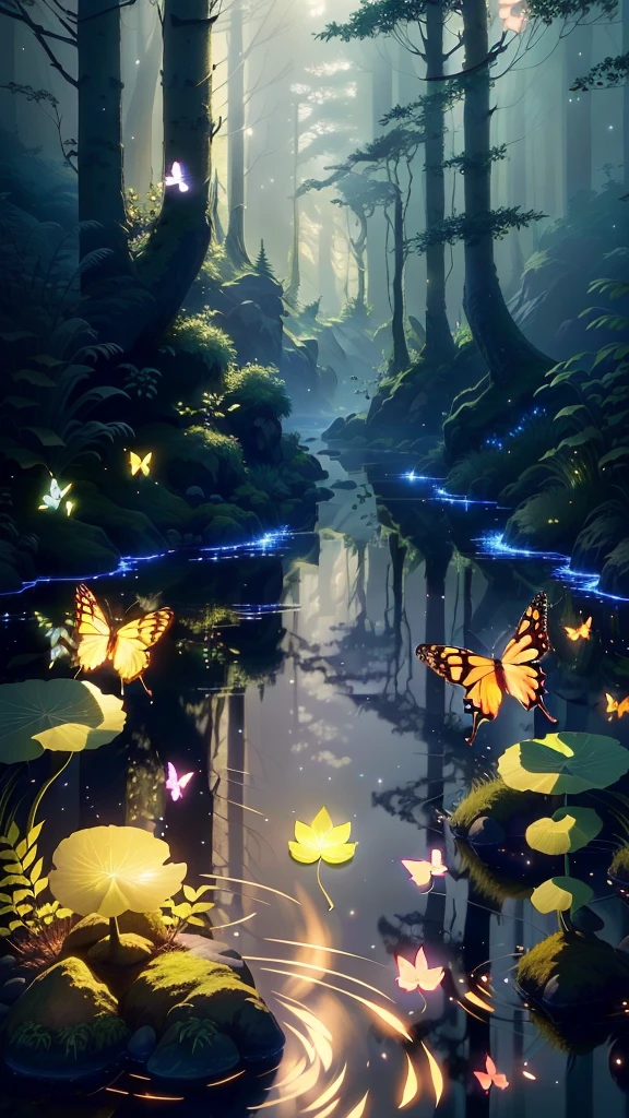 A masterpiece, the best quality, stunning reflections, the best reflections ever. (very detailed CG unity 8k wallpapers), (best quality), (best illustrations), (best shadows), forest theme with natural elements. Tall trees, quiet streams, small glowing mushrooms surrounded by delicate leaves and branches, with fireflies and glowing particle effects,, (natural elements), (jungle theme), (leaves), (twigs), (fireflies), butterflies, (delicate leaves), (glow), (particle effects). , Isometric 3D, Octane Rendering, Ray Traced, Super Detailed