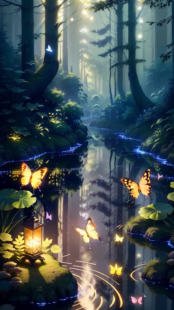 A masterpiece, the best quality, stunning reflections, the best reflections ever. (very detailed CG unity 8k wallpapers), (best quality), (best illustrations), (best shadows), forest theme with natural elements. Tall trees, quiet streams, small glowing mushrooms surrounded by delicate leaves and branches, with fireflies and glowing particle effects,, (natural elements), (jungle theme), (leaves), (twigs), (fireflies), butterflies, (delicate leaves), (glow), (particle effects). , Isometric 3D, Octane Rendering, Ray Traced, Super Detailed