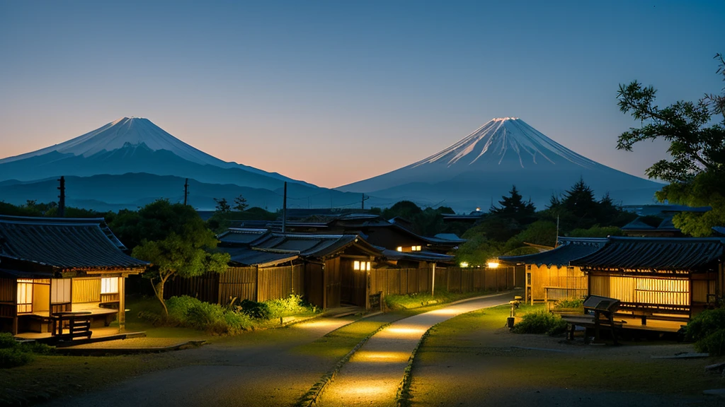 Deserted Japanese village at night , Clean white background,Typical Japanese village life in the 1800s. Mt. Fuji in the background